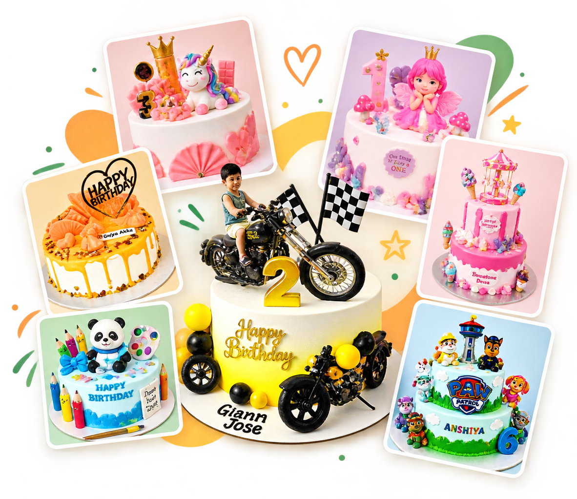 A collage of our cakes — unicorn, fairy, carousel, Paw Patrol, panda art and motorcycle theme birthday cakes
